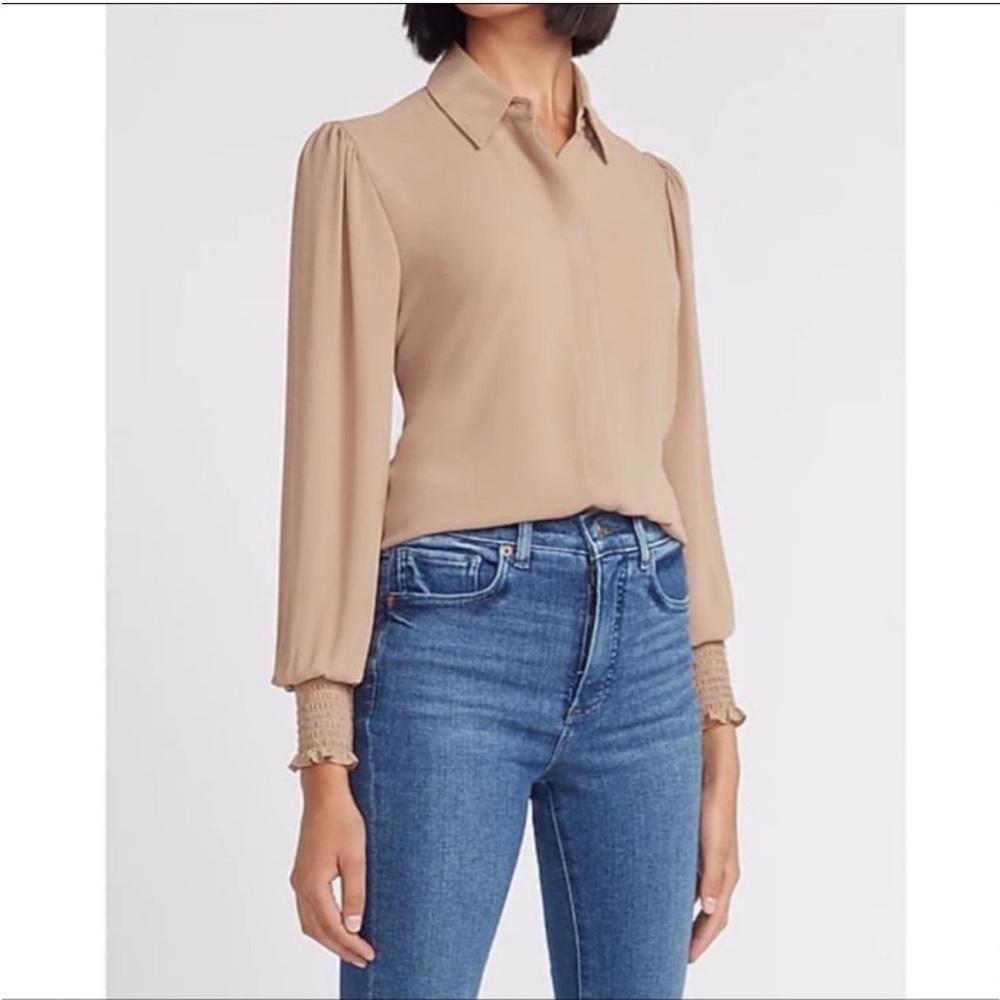 Express Women's Classic Brown Blouse XSmall Portofino Smocked Cuff